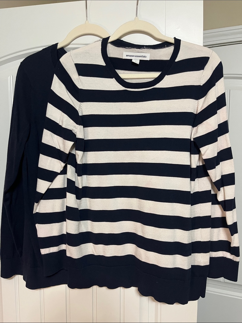 Two Amazon Essentials Women's Navy plus Navy and White Striped Crewneck Sweaters
